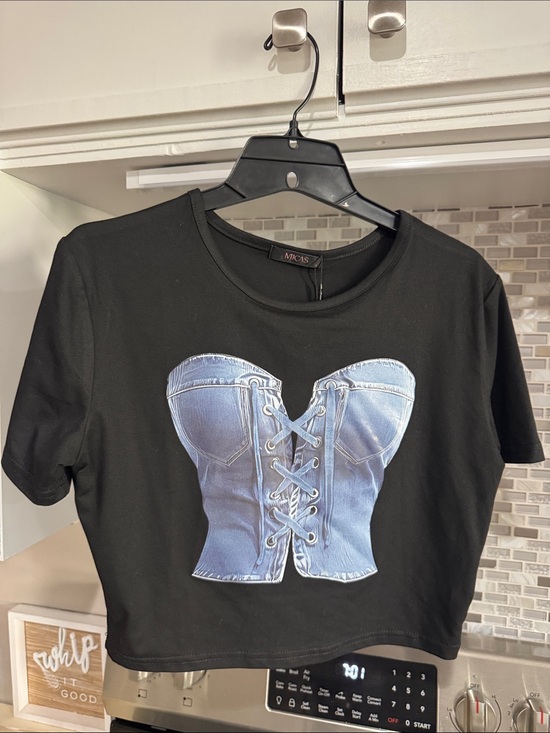 AMO Tops - AMO Black Crop Tee with Denim Corset Print